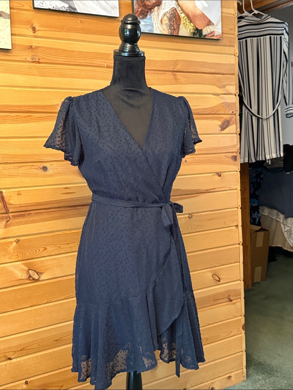 miami Navy Wrap Dress with Flutter Sleeves
